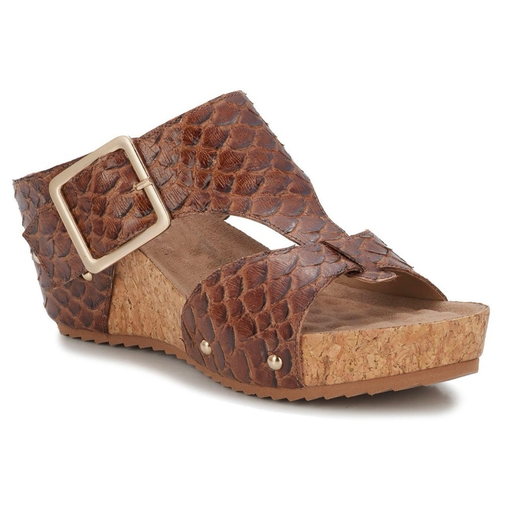 Ros Hommerson Wedge Sandals Brown Snakeskin Embossed Cork Platform Boho 9.5M